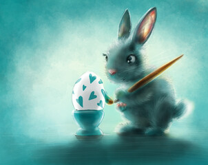 Fototapeta Ilustracja - świąteczny królik malujący jajko w serduszka. obraz