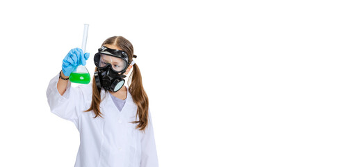 Obraz na płótnie Canvas Portrait of little school girl, kid in white big gown as chemist, scientist doing experiment with multicolored chemical fluid in laboratory isolated on white background