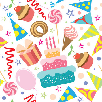 Birthday. Seamless pattern with cake, pastry, serpentine, balloons and serpentine. Vector image for the celebration, holiday, birthday and wedding.