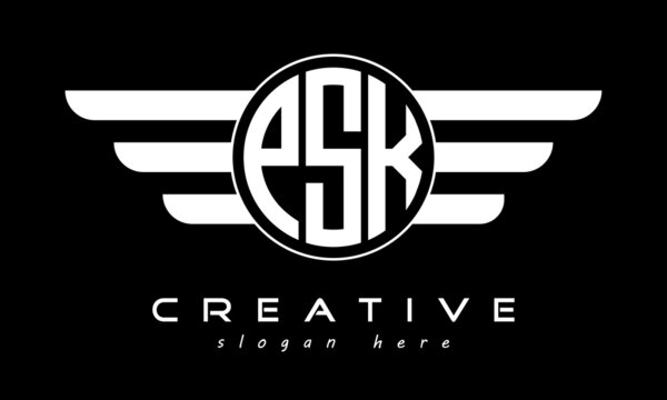PSK three letter monogram type circle letter logo with wings vector template.