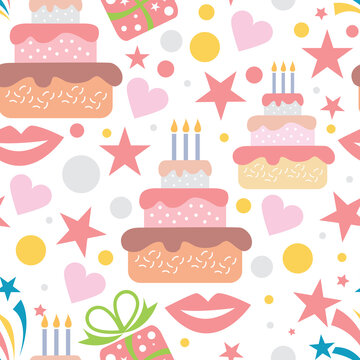 Festive seamless pattern with cake, stars, fireworks. Vector image.