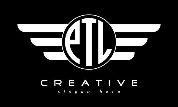 PTL three letter monogram type circle letter logo with wings vector template.