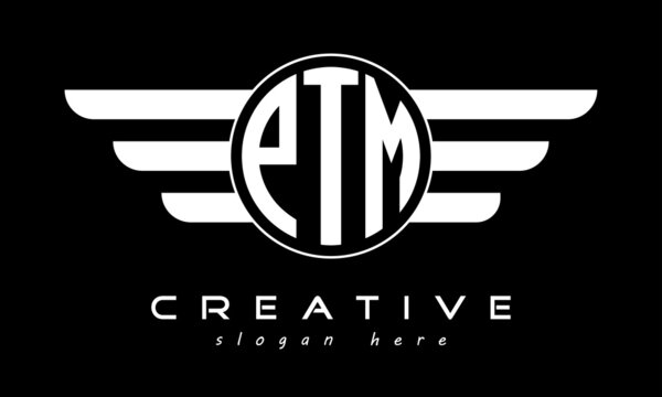PTM three letter monogram type circle letter logo with wings vector template.