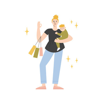 Mother with a baby and shopping bag. Happy family, busy mom. Vector illustration of super mom on Mother's Day. Can be used in magazine, banner, social media publication, typographic and web design.