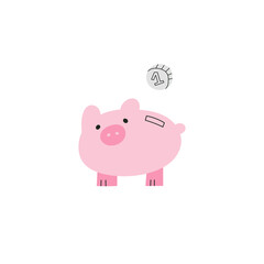 Cute vector illustration on serious theme of self budget and economy. Cost accounting, savings, analysis, finances. Piggy bank with a coin. Money for traveling, housing, mortgage, future needs.