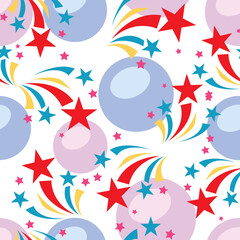 Happy Birthday. Seamless pattern fairytale fashion childrens decoration balloons, salute, fireworks. Vector image.
