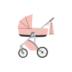 Stroller where baby can sleep lying down. Baby carriage, pram, buggy. For girls and boys. Hand drawn vector illustration. Childhood, transportation, walk with children, motherhood, baby store