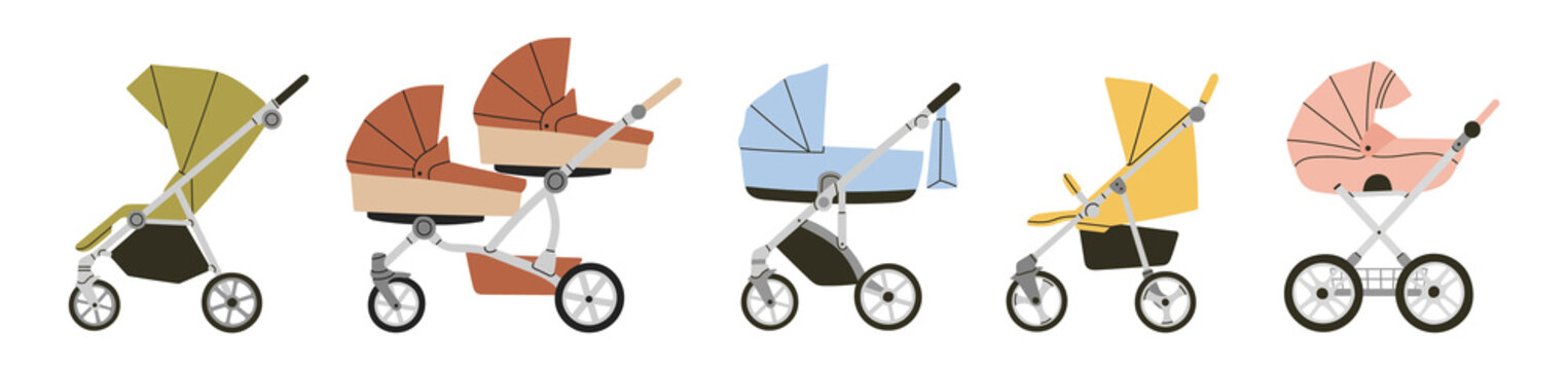 Strollers set, different types. Baby carriage, pram, buggy, stroller for twins. For girls and boys. Hand drawn vector illustration. Childhood, transportation, walk with children, motherhood, shopping