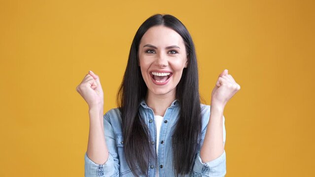 Ecstatic lady win challenge fist up euphoria isolated shine color background