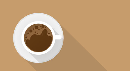 Top view of a coffee cup on a brown background. Background copy space for text. Vector illustration in trendy flat design.