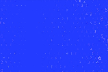 Random numbers 0 -  9. Blue Background in a matrix style. Binary code pattern with digits on screen, falling character. Abstract digital backdrop. Vector 