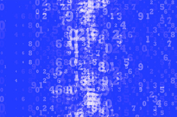 Random numbers 0 -  9. Blue Background in a matrix style. Binary code pattern with digits on screen, falling character. Abstract digital backdrop. Vector 