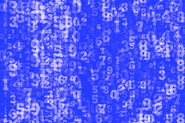 Random numbers 0 -  9. Blue Background in a matrix style. Binary code pattern with digits on screen, falling character. Abstract digital backdrop. Vector 