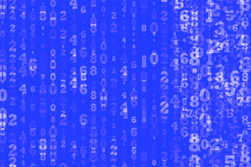 Random numbers 0 -  9. Blue Background in a matrix style. Binary code pattern with digits on screen, falling character. Abstract digital backdrop. Vector 