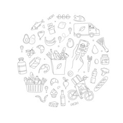 Mobile app courier delivering online grocery shop order seamless pattern.