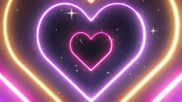 Valentine Love Heart neon lights infinite Tunnel animation loop. Glowing heart motion on a dark background ending scene. 4K Seamless Looping animated Backdrop for valentines day.