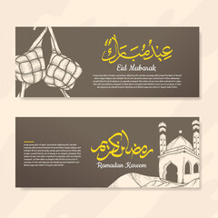 Ramadan kareem and Eid Mubarak banner with hand drawn illustration of mosque and ketupat