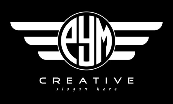 PYM three letter monogram type circle letter logo with wings vector template.
