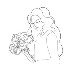 Beautiful young girl is holding a bouquet of flowers, elegant black and white illustration 