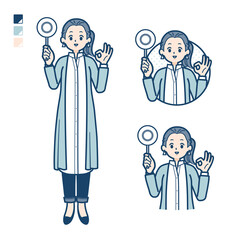 ロングシャツを着た女性がマル印パネルを出すイラスト