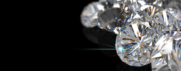 3D rendering illustration.Round cut diamond on black dark glossy background, rear light, shadow, caustics rays.