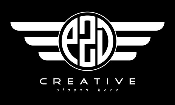 PZD three letter monogram type circle letter logo with wings vector template.