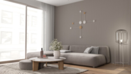 Blur background, living room in modern apartment, velvet sofa with pouf and table with potted flowers, parquet, carpet, big window, and floor glass lamp. Interior design idea
