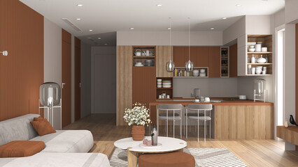 Cozy orange and wooden living room and kitchen in modern apartment, velvet sofa with table, kitchen with island and dining table, chairs. Carpet and appliances, interior design idea