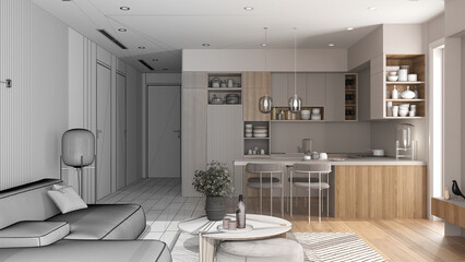 Architect interior designer concept: hand-drawn draft unfinished project that becomes real, living room and kitchen in modern apartment, sofa, table, island and dining table, chairs