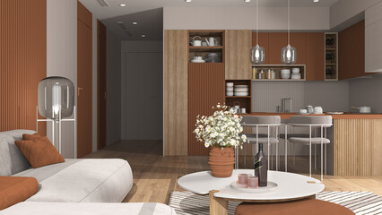Cozy orange and wooden living room and kitchen in modern apartment, velvet sofa with table, kitchen with island and dining table, chairs. Carpet and appliances, interior design idea