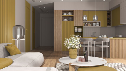 Cozy yellow and wooden living room and kitchen in modern apartment, velvet sofa with table, kitchen with island and dining table, chairs. Carpet and appliances, interior design idea