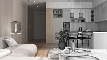 Architect interior designer concept: hand-drawn draft unfinished project that becomes real, living room and kitchen in modern apartment, sofa, table, island and dining table, chairs