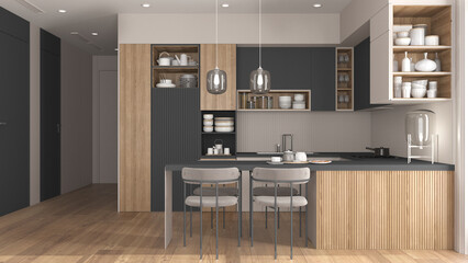 Cozy gray and wooden kitchen and dining room in modern apartment, table with velvet chairs. Cabinets and shelves with potteries, pans and appliances. Parquet, interior design idea