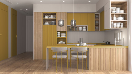 Cozy yellow and wooden kitchen and dining room in modern apartment, table with velvet chairs. Cabinets and shelves with potteries, pans and appliances. Parquet, interior design idea