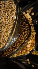 buckwheat and peas in glass bowls