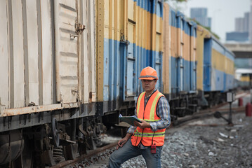 Fototapeta premium train on railway station. engineer walking on railway inspection. construction worker on railways. Engineer work on railway. rail, engineer, Infrastructure