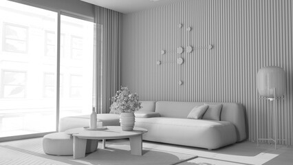 Total white project, living room in modern apartment, velvet sofa with pouf and table with potted flowers, parquet, carpet, big window, and floor glass lamp. Interior design idea