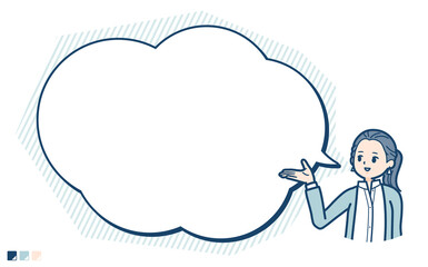 ロングシャツを着た女性が吹き出しで解説しているイラスト