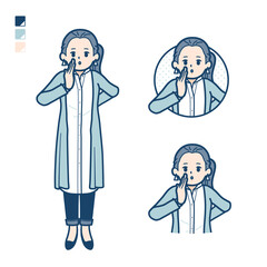 ロングシャツを着た女性が小声でささやいているイラスト