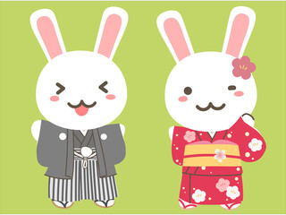 晴れ着を着たウサギのイラスト