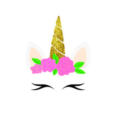 Cute unicorn head and eyes with flower