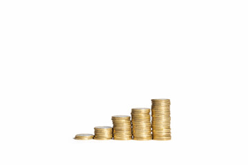 staggered stacked coins isolated in white