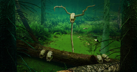 Skulls in swamp. Pagan shaman worship ritual in dark mysterious forest. Enchanted bog deep in the woods	