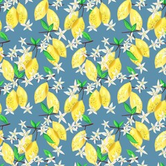 Seamless pattern with lemons and lemon flowers. Bright design for scrapbooking, textile, wallpaper, other surface. 