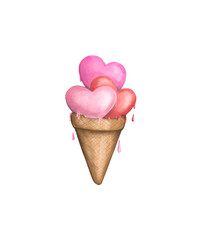 Pink raspberry ice cream in a heart-shaped waffle cone isolated on a white background. Love dessert. Yummy for lovers. Handmade watercolor illustration
