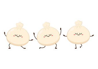 Cute Dim sum character, traditional Chinese dumplings, with funny smiling faces. Kawaii Asian food vector.