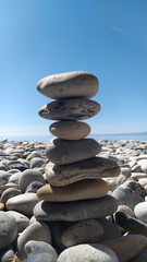Fototapeta na wymiar rock balancing on the beach with blue sky at the background