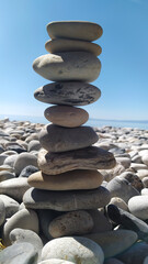 rock balancing on the beach with blue sky at the background