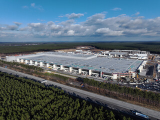 Aerial view of an electric car and battery factory in Grünheide, Germany
