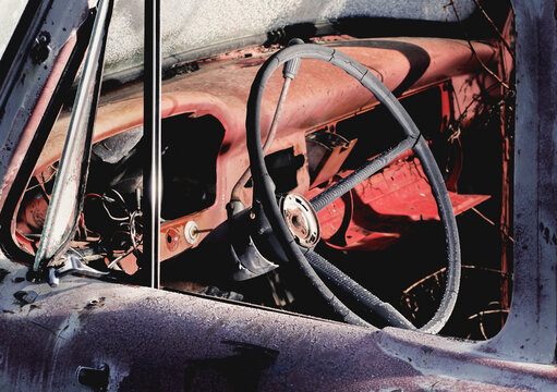 Old Pickup Truck Steering Wheel And Dashboard